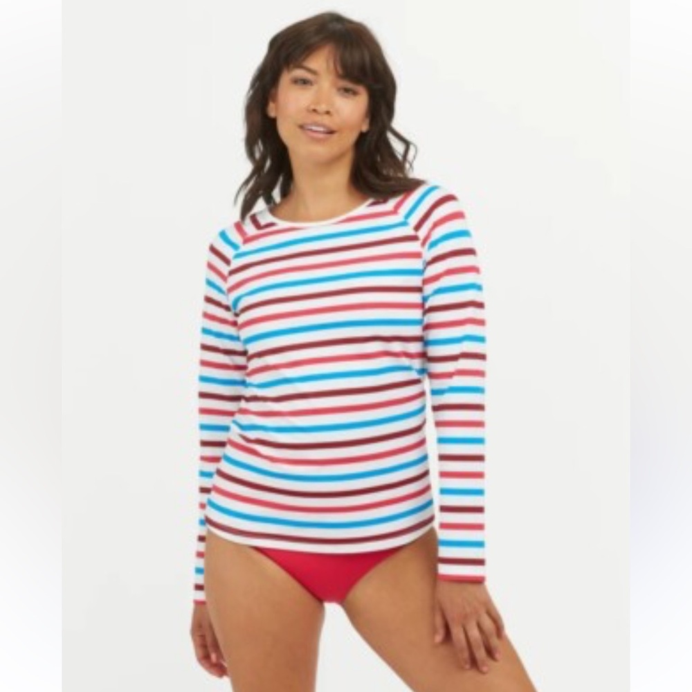 Spanx Ocean Stripe Hibiscus long sleeve swim shirt